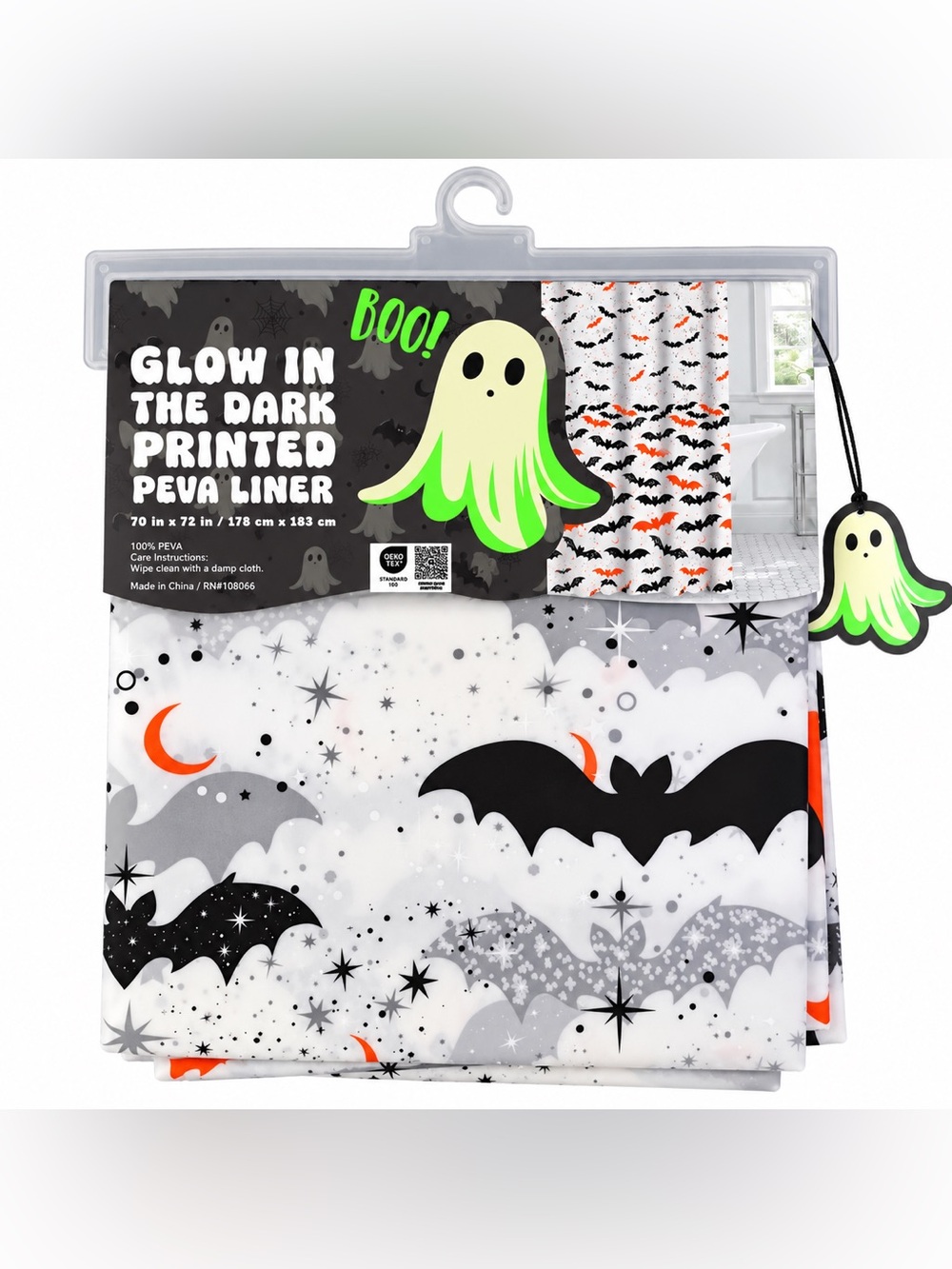 Halloween Glow in the Dark Bat PEVA Shower Curtain Liner 70x72 NWT